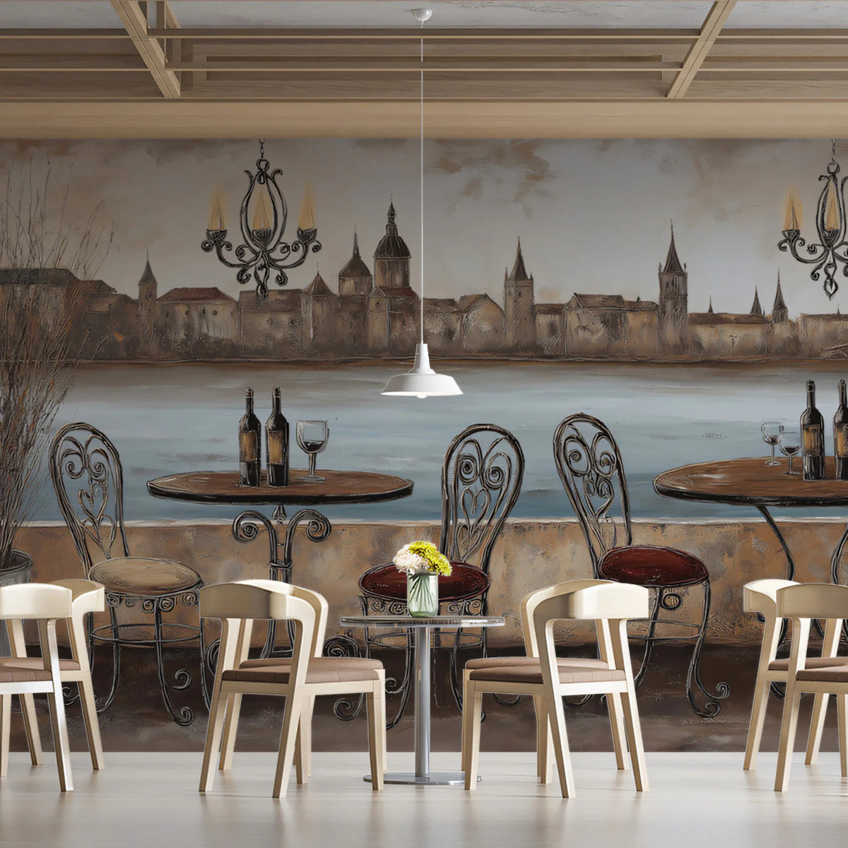 European Riverside Terrace Mural Wallpaper — Vintage Oil Painting Mural Wallpaper - room preview 02