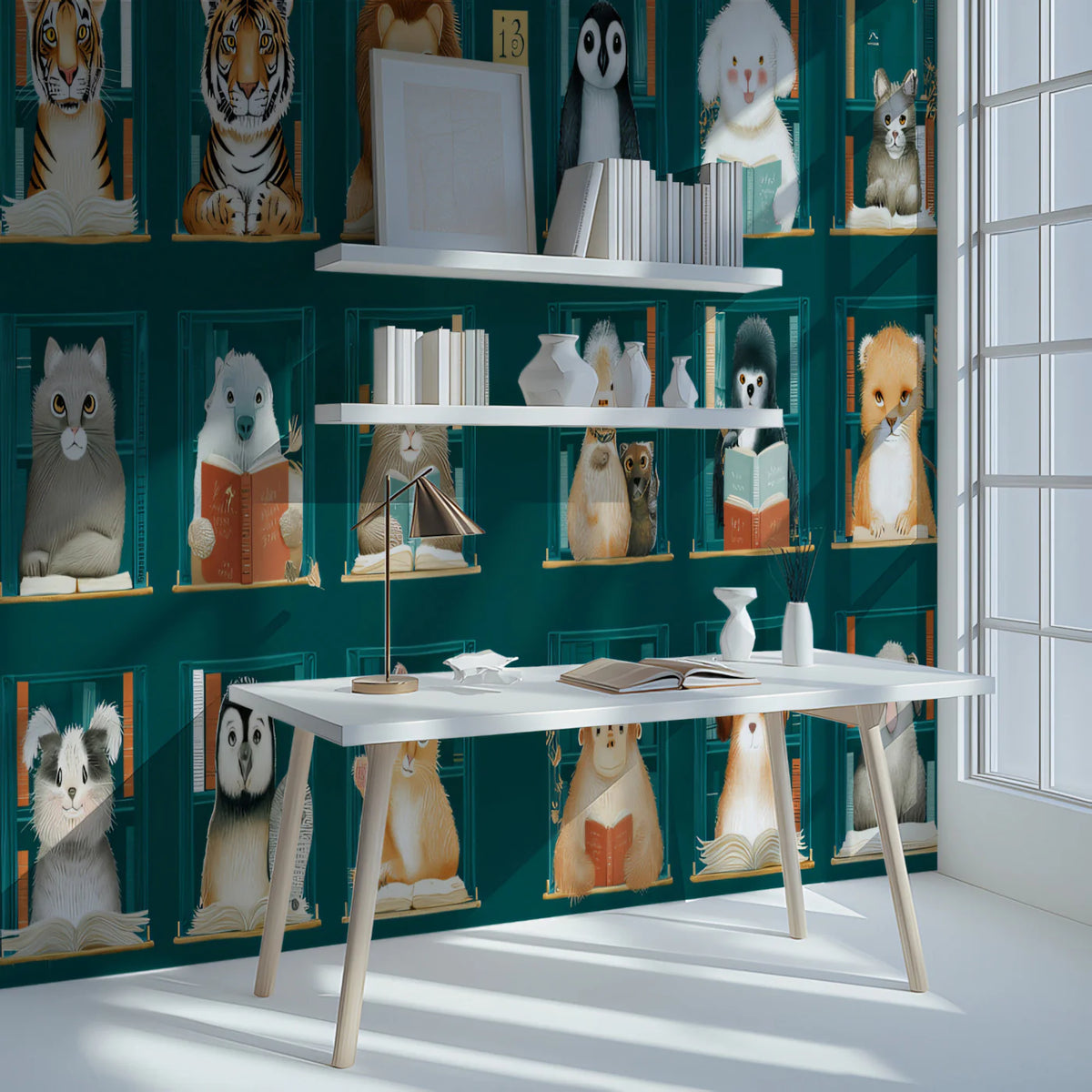 Literary Animals Library Mural Wallpaper — Whimsical Teal Bookshelf Mural Wallpaper - room preview 02