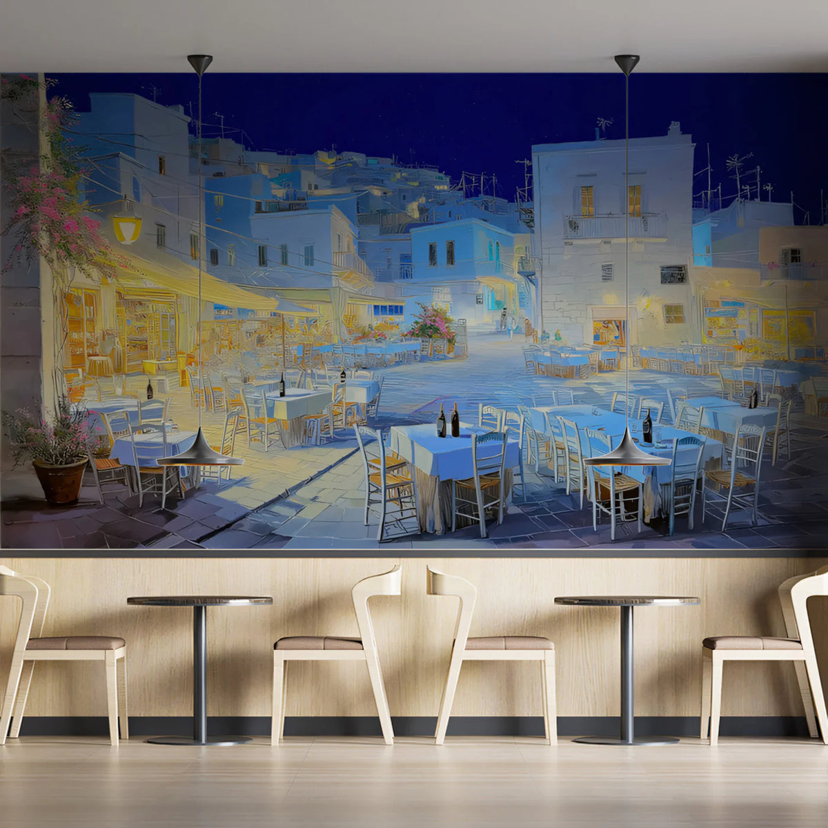 Aegean Night Village Mural Wallpaper — Impressionistic Island Scene Mural Wallpaper - room preview 02
