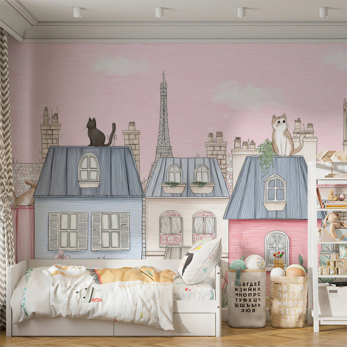 Parisian Rooftop Cityscape Mural Wallpaper —Whimsical Sketch Style Mural Wallpaper - room preview 02