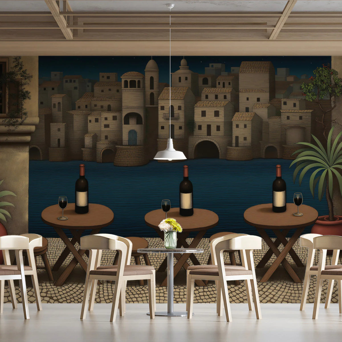 Mediterranean Stone Town Terrace Mural Wallpaper — Nighttime Scene Mural Wallpaper - room preview 02