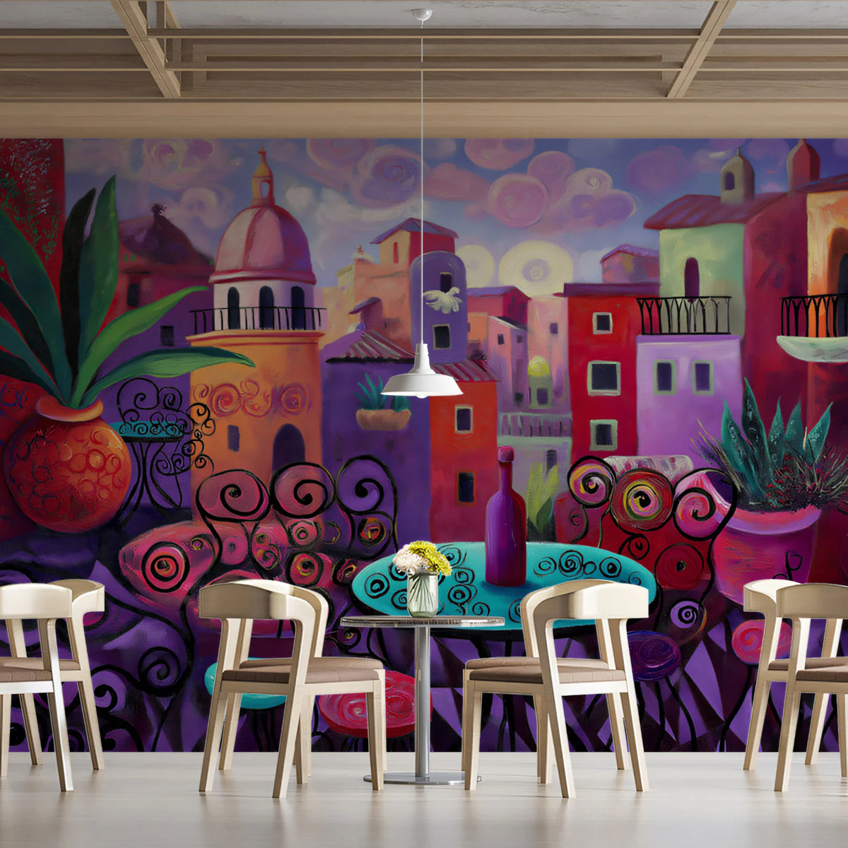 Mediterranean Terrace Mural Wallpaper — Vibrant Oil Painting Style Mural Wallpaper - room preview 02