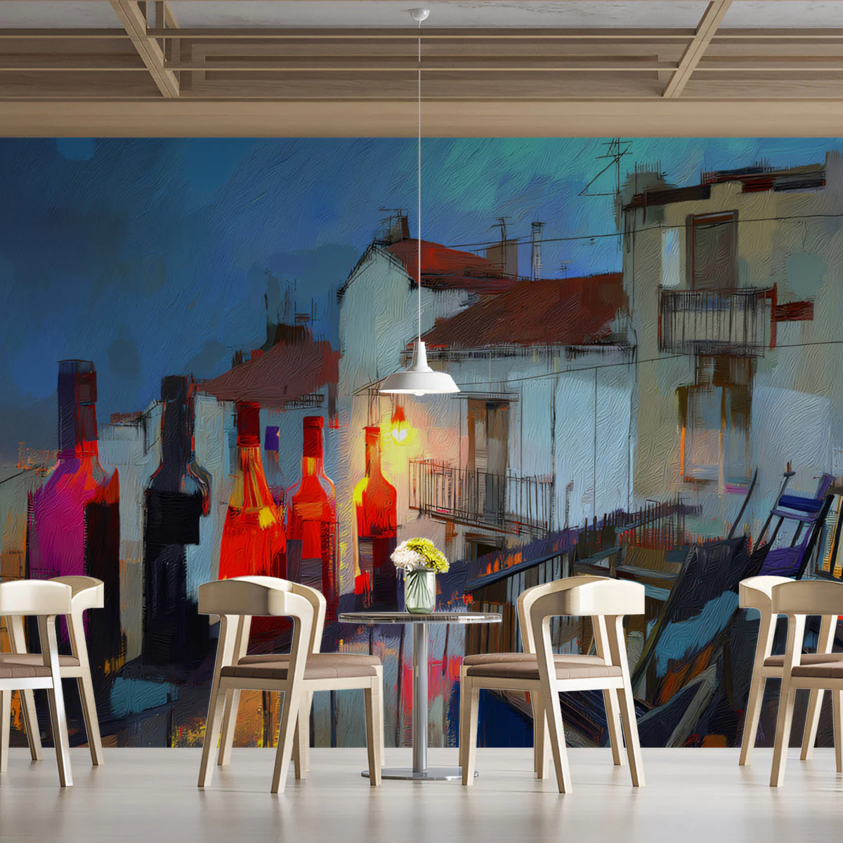 Mediterranean Balcony Night Mural Wallpaper — Artistic Urban Scene Mural Wallpaper - room preview 02
