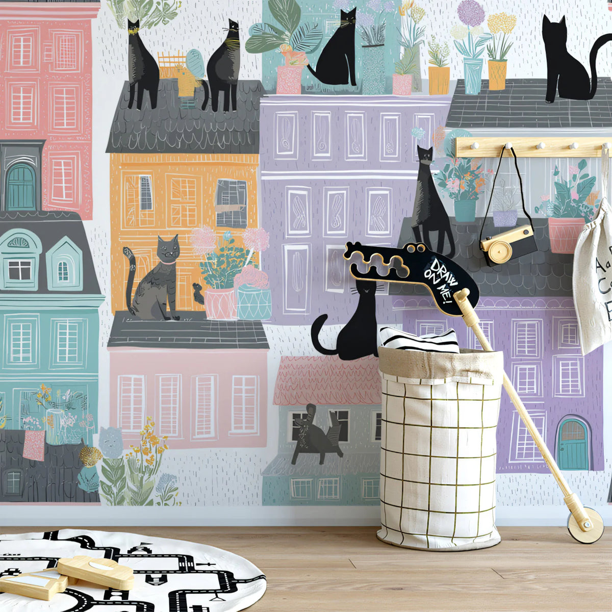 Parisian Cats Mural Wallpaper — Whimsical Townhouse Pattern Mural Wallpaper - room preview 02
