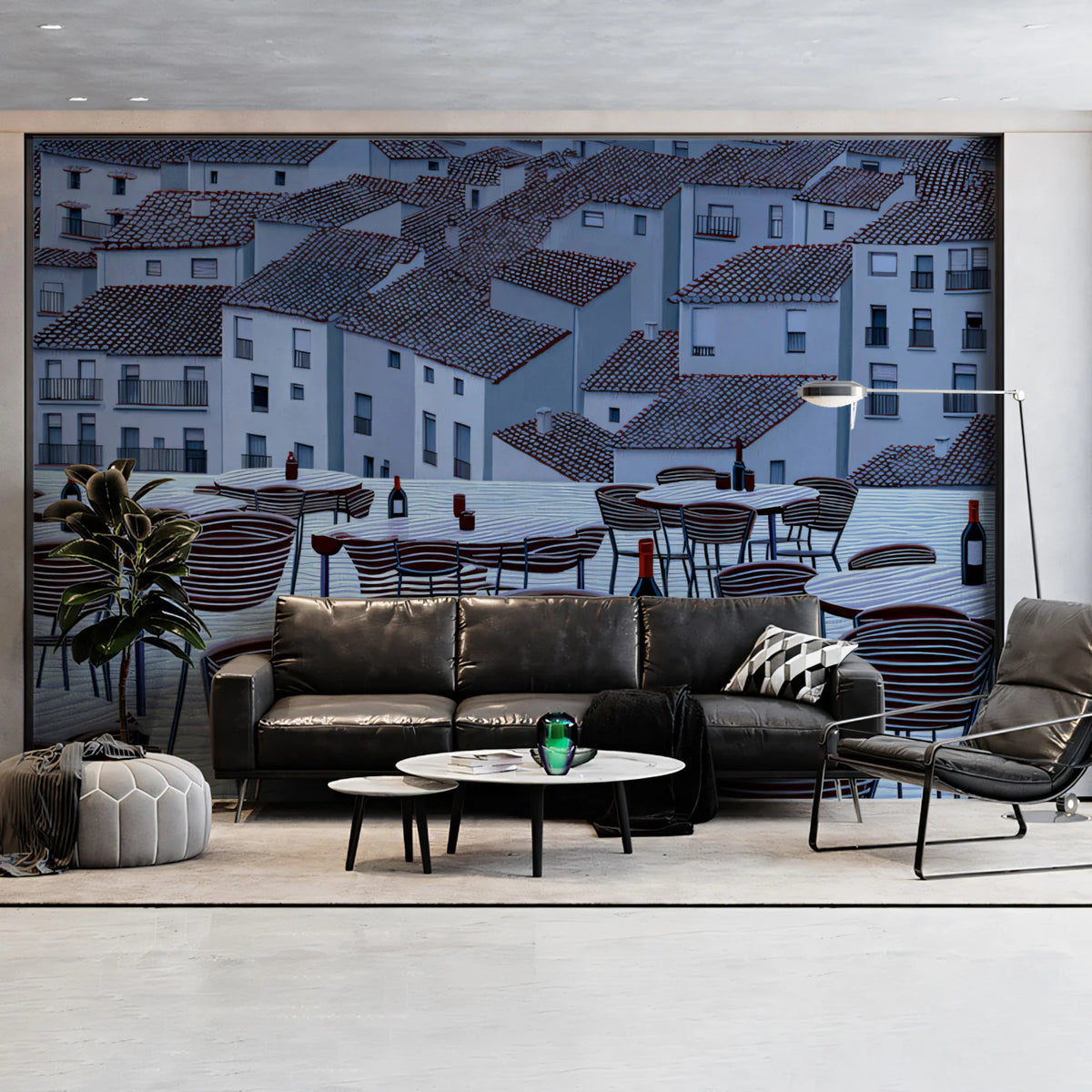 Mediterranean Rooftop Bar Mural Wallpaper — Graphic Urban Scene Mural Wallpaper - room preview 02