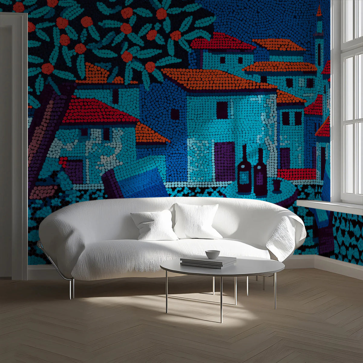 Mediterranean Town Pointillism Mural Wallpaper in Vibrant Blues Mural Wallpaper - room preview 02