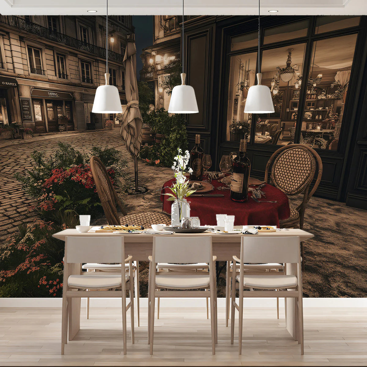 Parisian Bistro Street Mural Wallpaper — Vintage Night Scene Mural Wallpaper - room preview 02