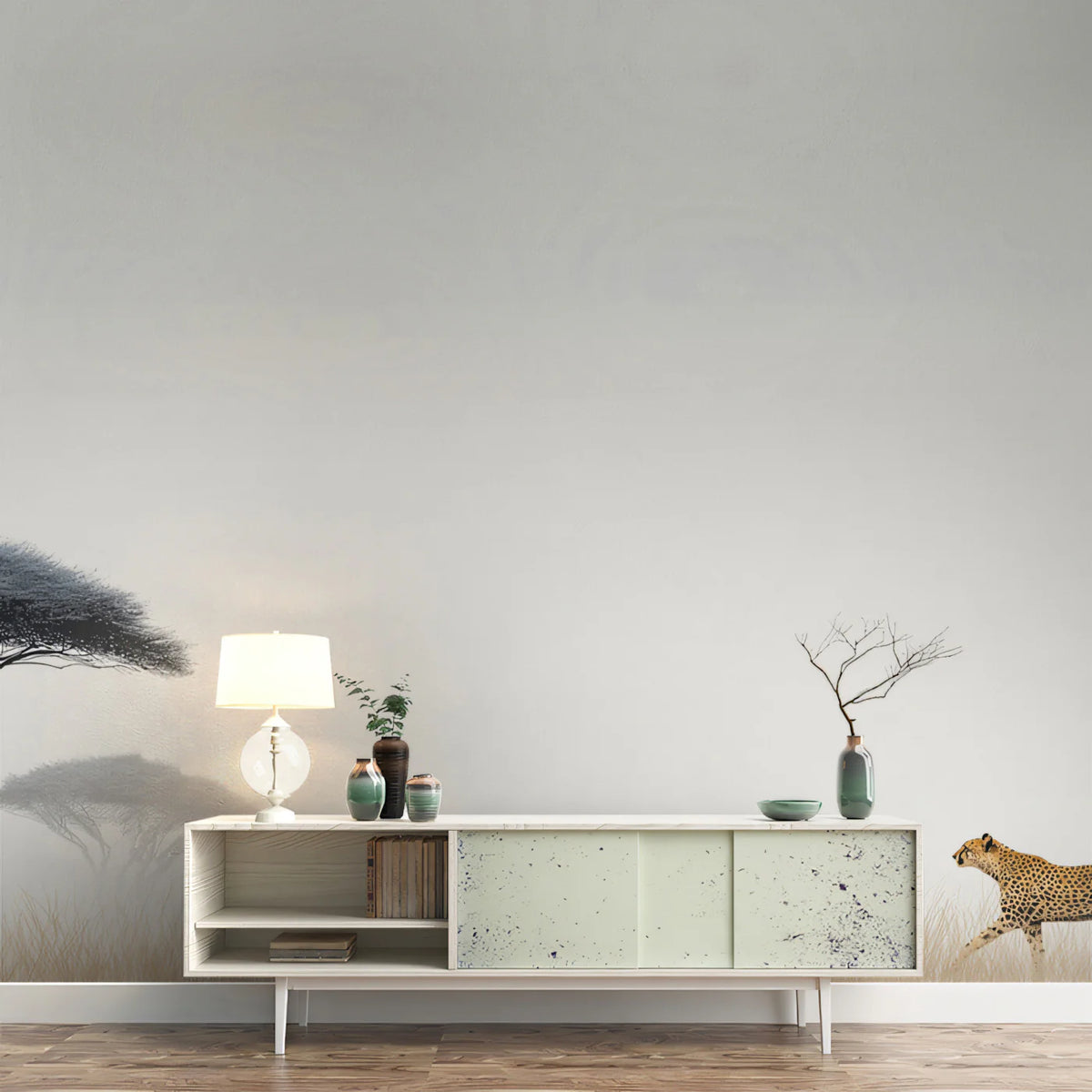 Minimalist Cheetah Savanna Mural Wallpaper — Muted Horizon Design Mural Wallpaper - room preview 02