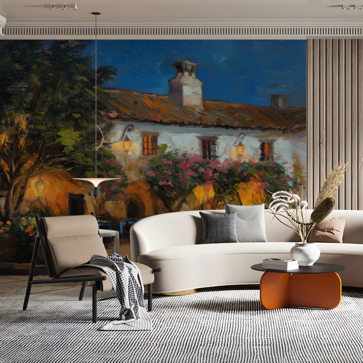 Mediterranean Evening Courtyard Mural Wallpaper — Impressionist Oil Mural Wallpaper - room preview 02