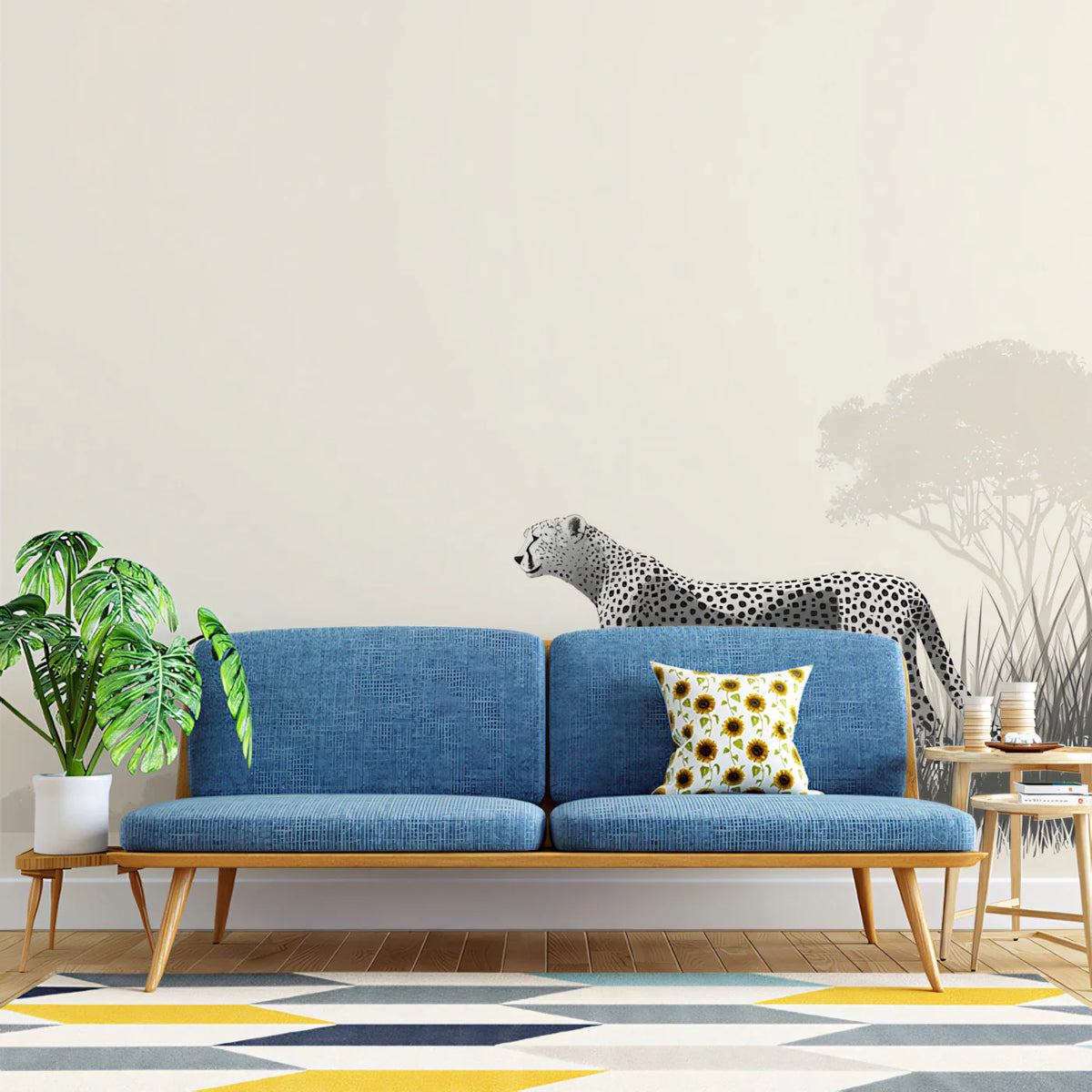 Minimalist Cheetah Savanna Mural Wallpaper — Modern Safari Style Mural Wallpaper - room preview 02
