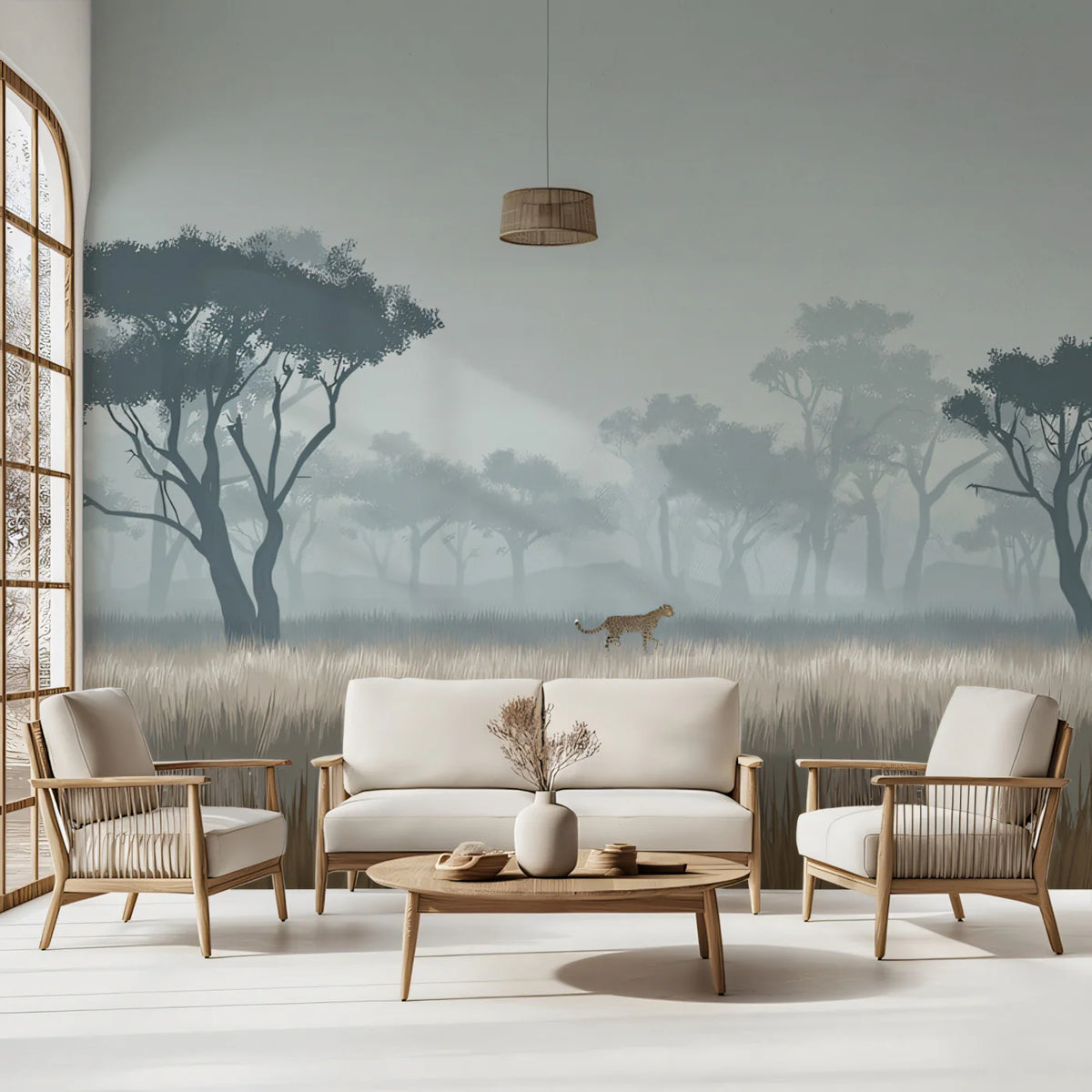 Misty Savanna Cheetah Mural Wallpaper — Atmospheric Landscape Mural Wallpaper - room preview 02
