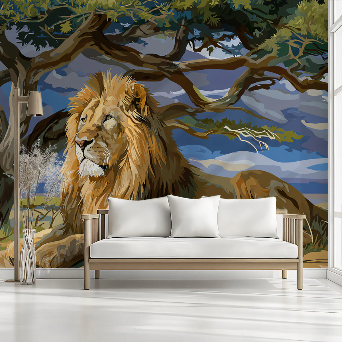 Lion Under Acacia Tree Mural Wallpaper — Safari Wildlife Illustration Mural Wallpaper - room preview 02