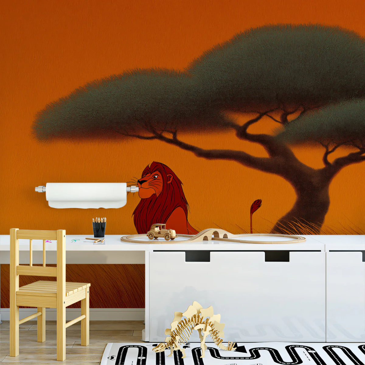 African Lion Savanna Mural Wallpaper — Sunset Landscape Illustration Mural Wallpaper - room preview 02