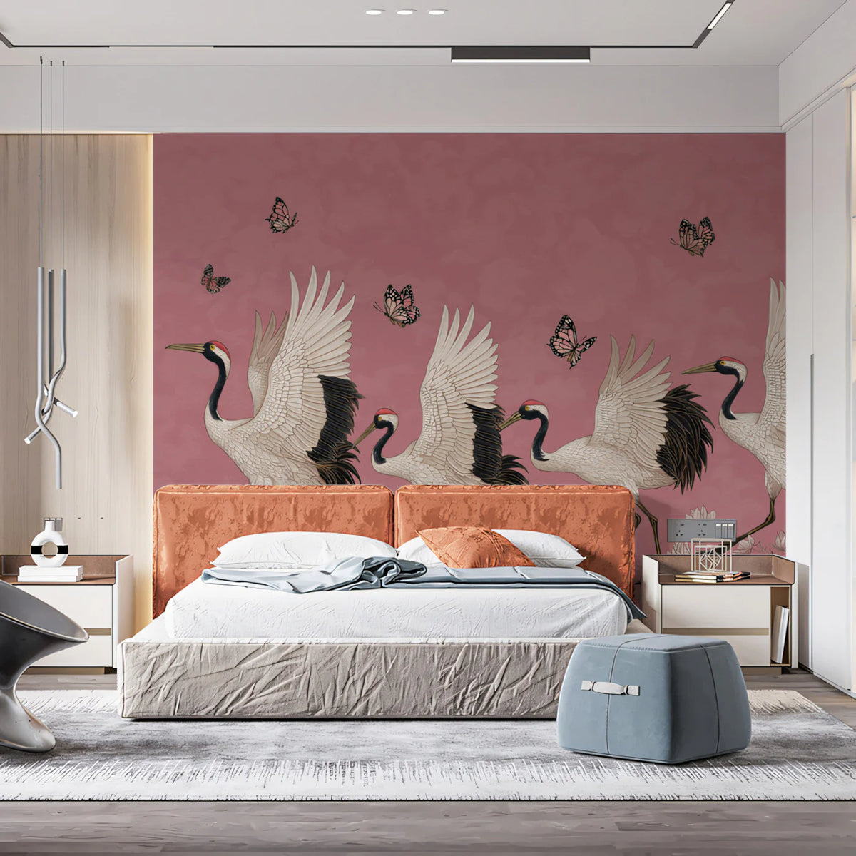 Dancing Cranes and Lotus Mural Wallpaper in Mauve Pink Mural Wallpaper - room preview 02