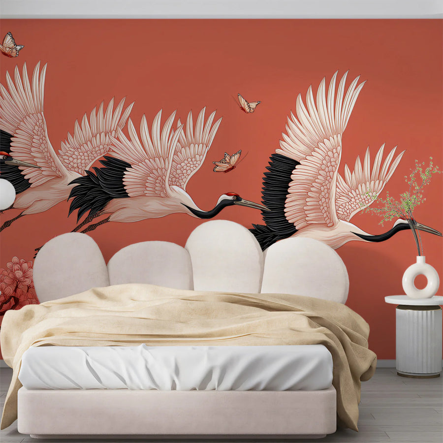 Maximalist Wallpaper Mural – Bold Colorful Wall Mural – Flying Cranes and Cherry Blossoms — Vibrant Asian Art