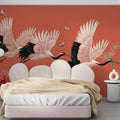 Flying Cranes and Cherry Blossoms Mural Wallpaper — Vibrant Asian Art Mural Wallpaper - room preview 02