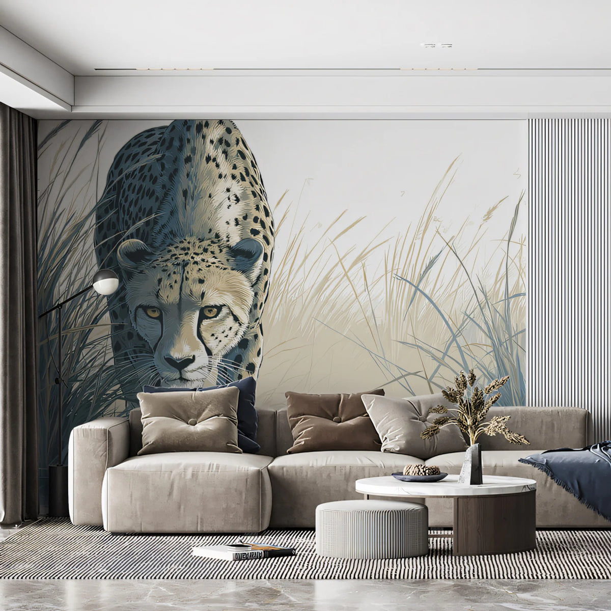 Stalking Cheetah Mural Wallpaper —Monochromatic Wildlife Design Mural Wallpaper - room preview 02