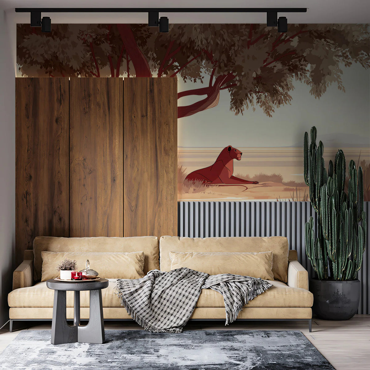 Minimalist Lioness Safari Mural Wallpaper — Earthy Savanna Scene Mural Wallpaper - room preview 02