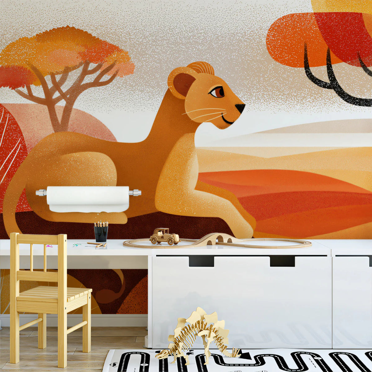 Stylized Lioness Safari Mural Wallpaper — Mid-Century Graphic Art Mural Wallpaper - room preview 02