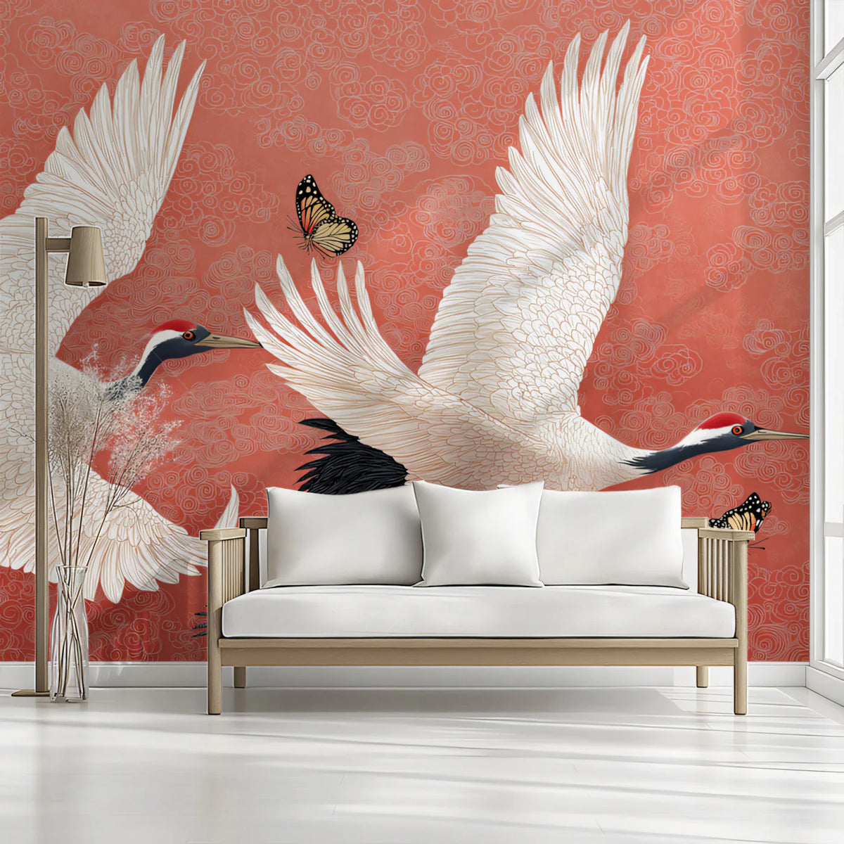 Soaring Cranes Coral Mural Wallpaper — Asian Inspired Art Mural Wallpaper - room preview 02
