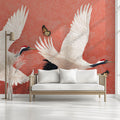 Soaring Cranes Coral Mural Wallpaper — Asian Inspired Art Mural Wallpaper - room preview 02