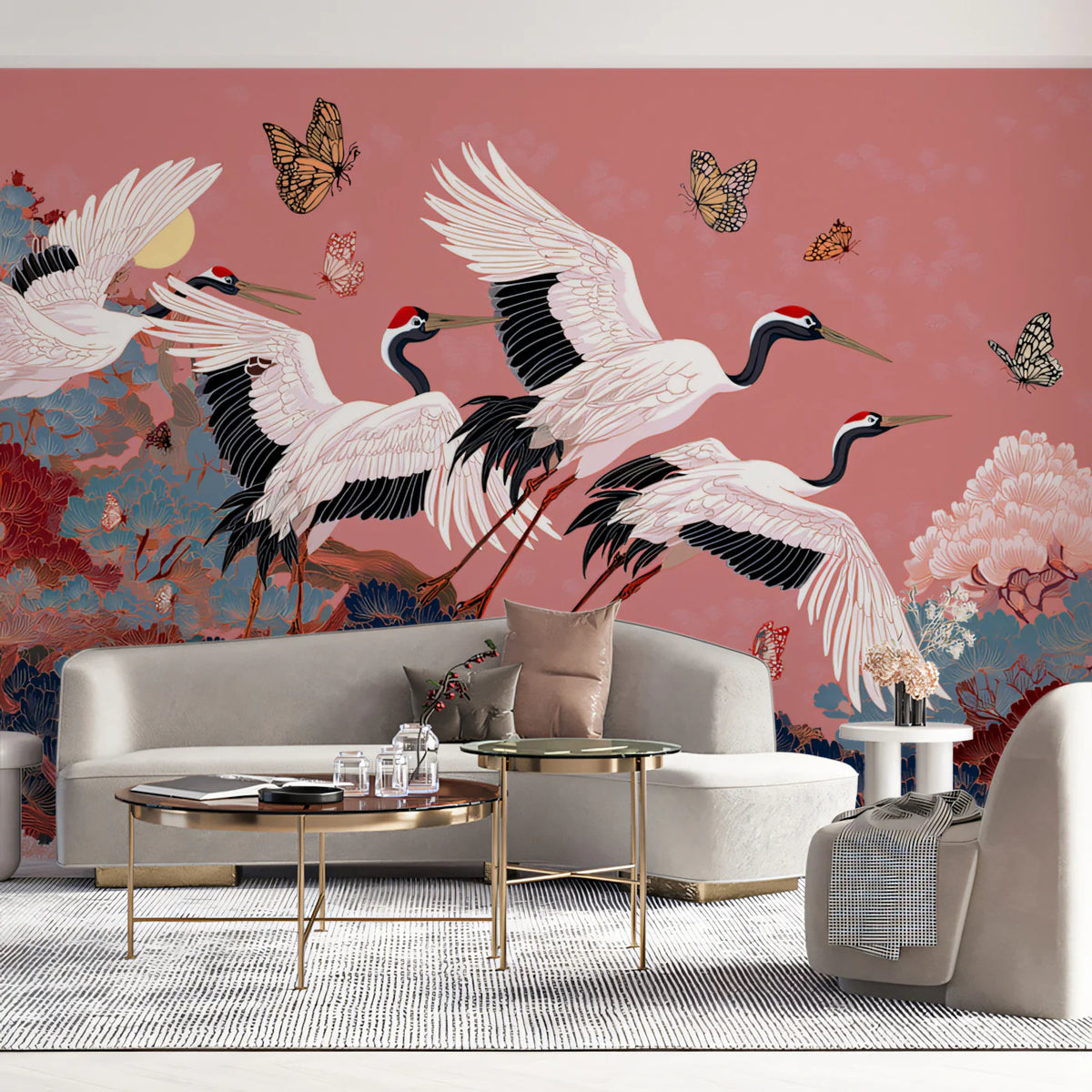 Cranes and Pine Trees Mural Wallpaper — Soft Pink Chinoiserie Mural Wallpaper - room preview 02