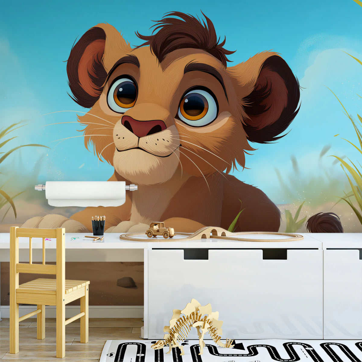 Lion Cub Sunny Savanna Mural Wallpaper — Cheerful Cartoon Wildlife Mural Wallpaper - room preview 02