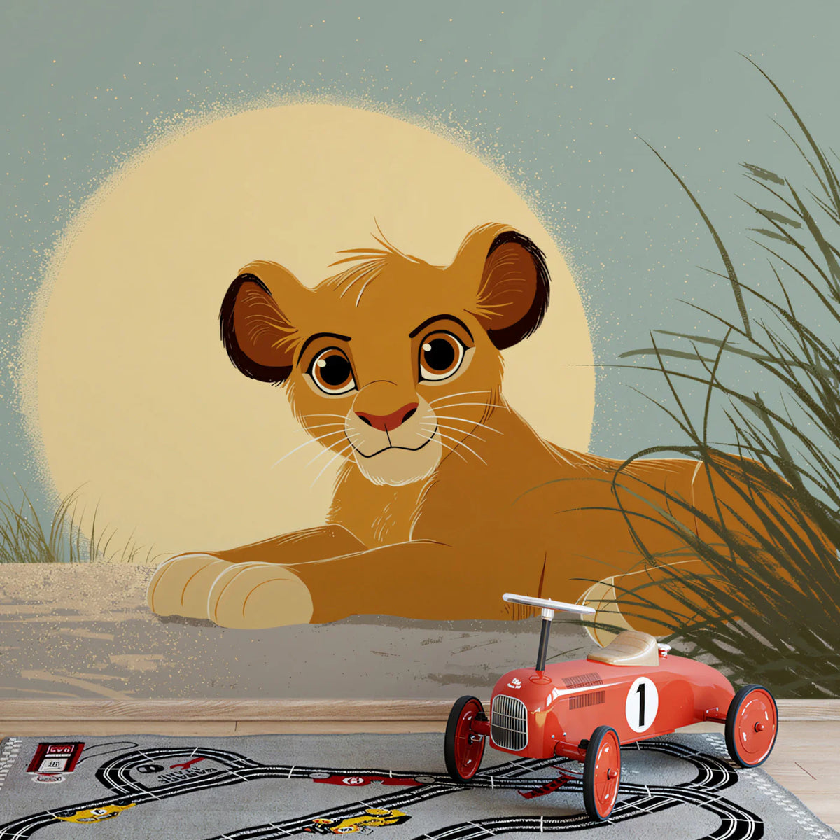 Lion Cub Sunrise Mural Wallpaper — Soft Savanna Illustration Mural Wallpaper - room preview 02