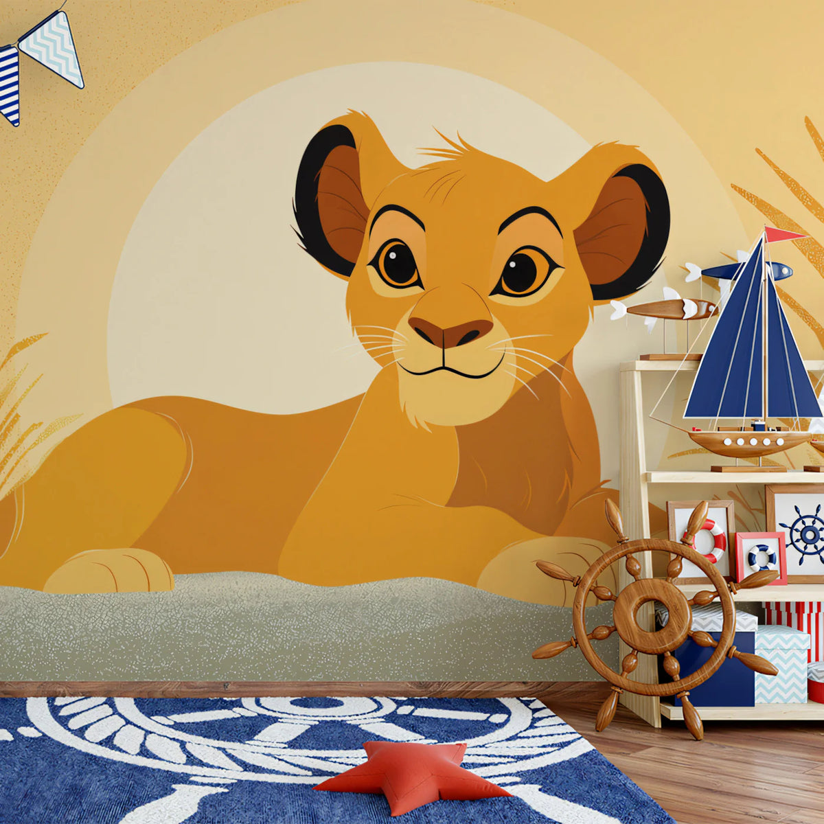 Lion Cub Savanna Mural Wallpaper — Warm Graphic Illustration Mural Wallpaper - room preview 02