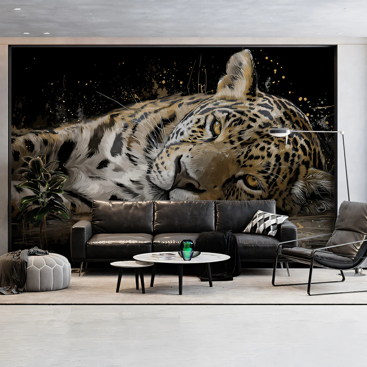Resting Jaguar Mural Wallpaper — Moody Gold and Charcoal Wildlife Mural Wallpaper - room preview 02