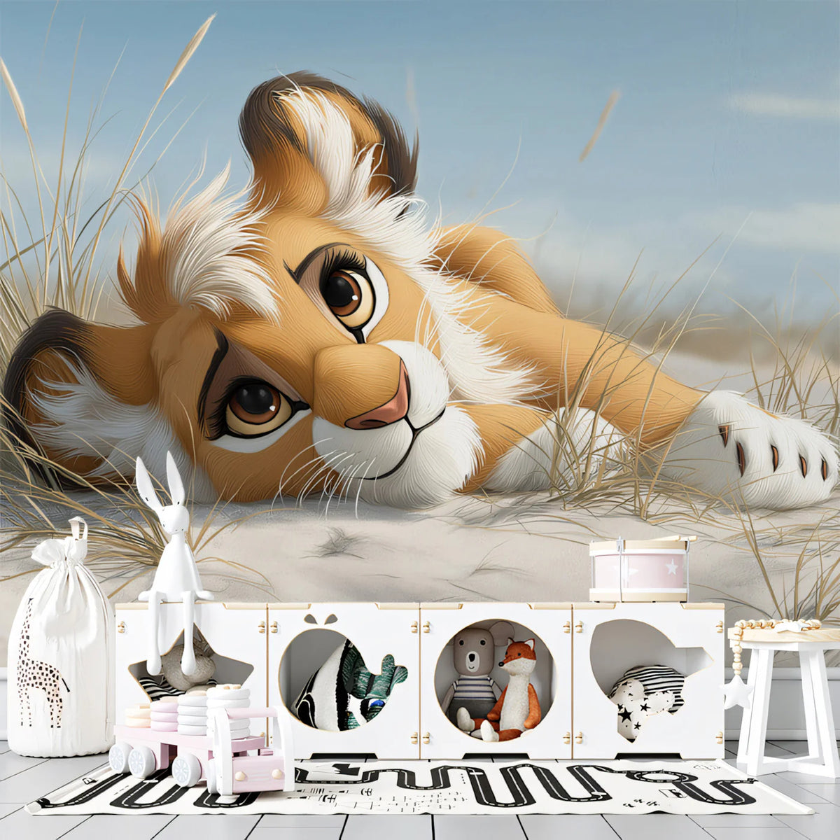 Lion Cub in Beach Dunes Mural Wallpaper — Soft Realistic Illustration Mural Wallpaper - room preview 02