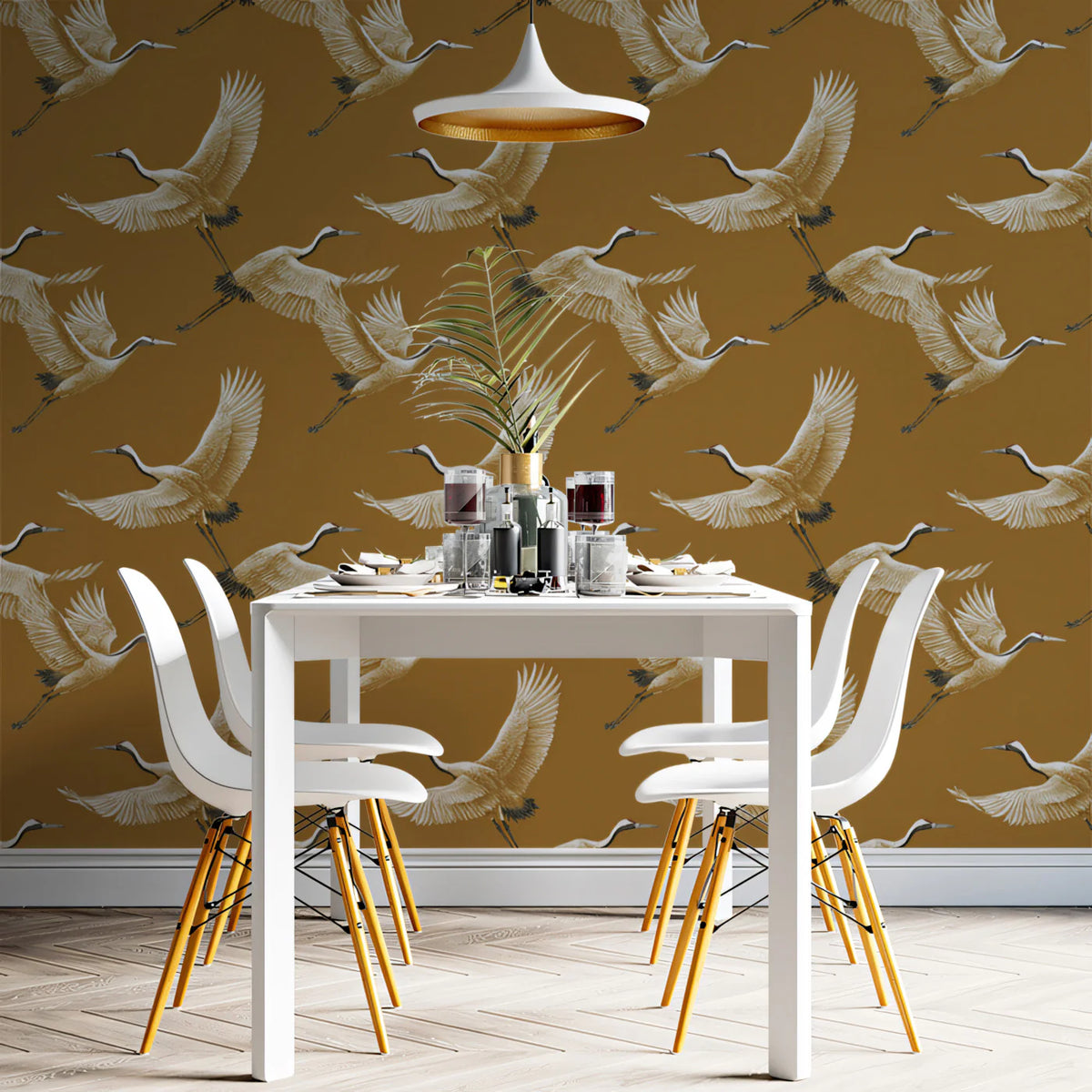 Flying Cranes Mural Wallpaper — Ochre and Cream Traditional Pattern Mural Wallpaper - room preview 02