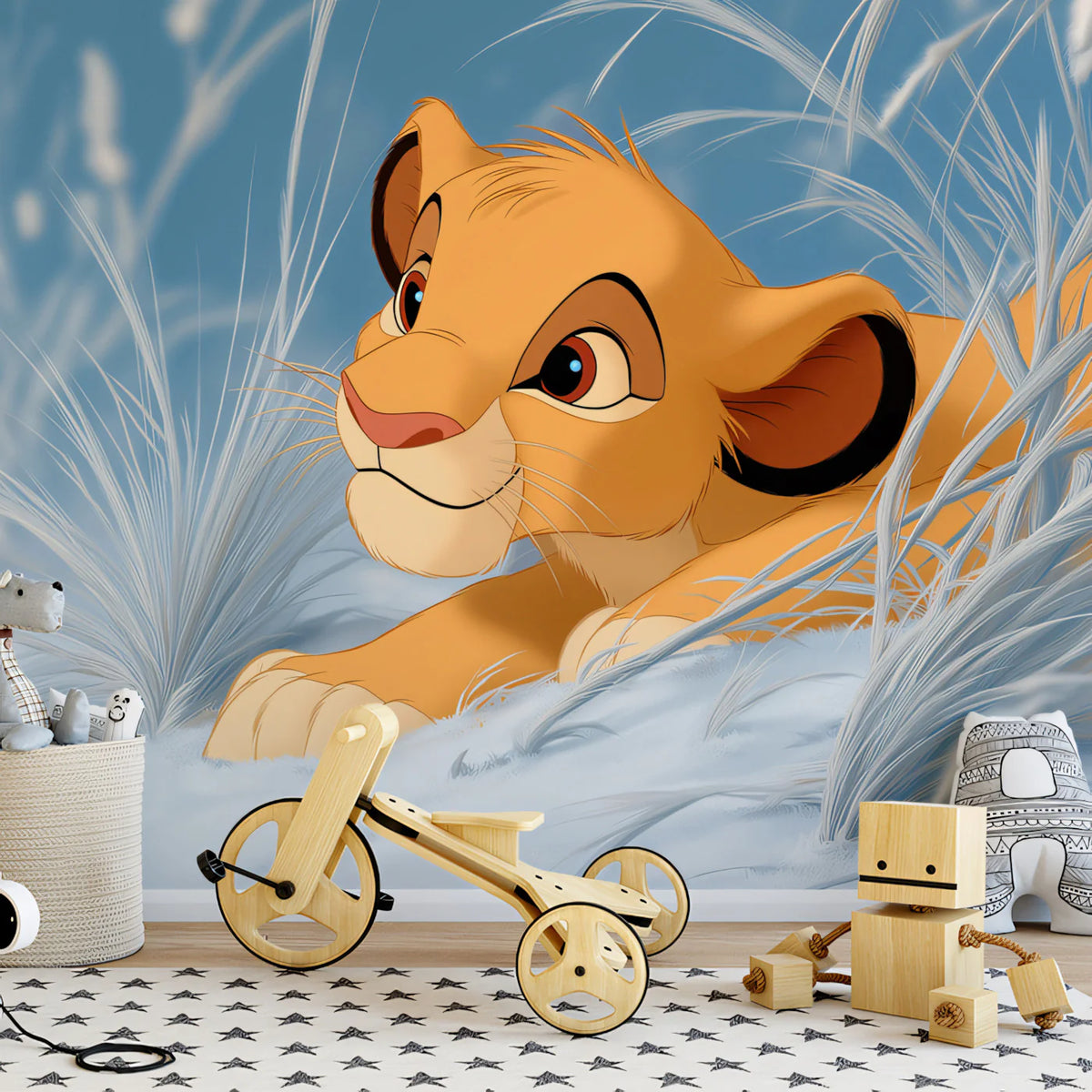 Lion Cub in Snowy Grass Mural Wallpaper — Cinematic Animation Style Mural Wallpaper - room preview 02