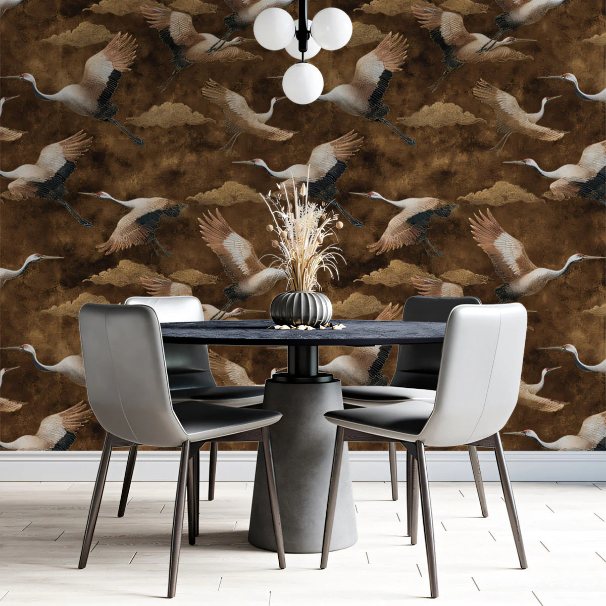 Vintage Cranes Mural Wallpaper in Earthy Sepia and Brown Tones Mural Wallpaper - room preview 02