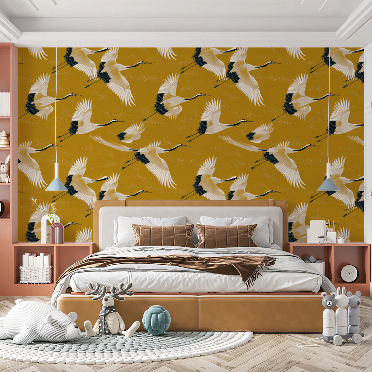 Flying Cranes Mural Wallpaper — Ochre Yellow Chinoiserie Pattern Mural Wallpaper - room preview 02