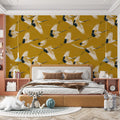 Flying Cranes Mural Wallpaper — Ochre Yellow Chinoiserie Pattern Mural Wallpaper - room preview 02