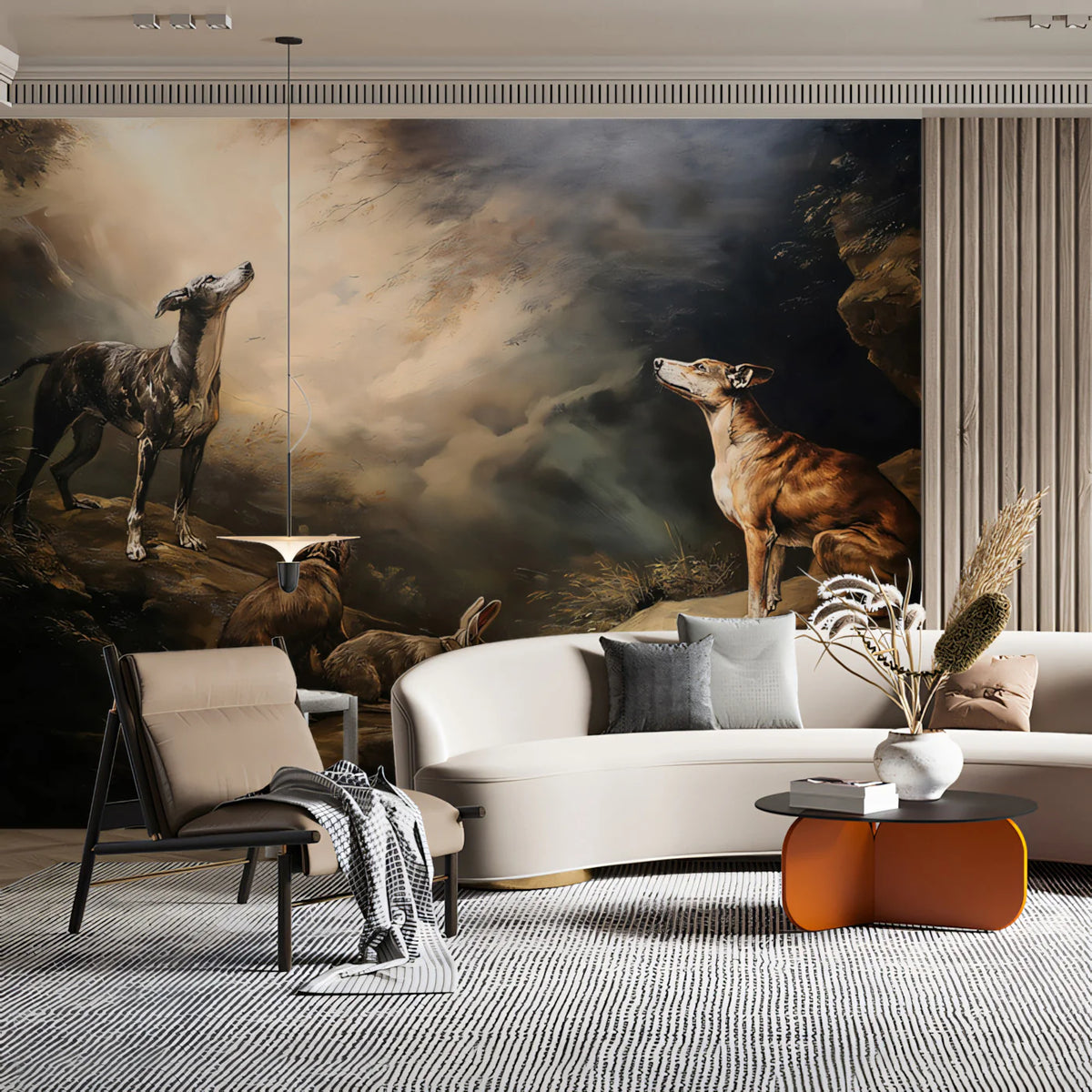 Greyhound Hunting Scene Mural Wallpaper — Dramatic Baroque Oil Painting Mural Wallpaper - room preview 02
