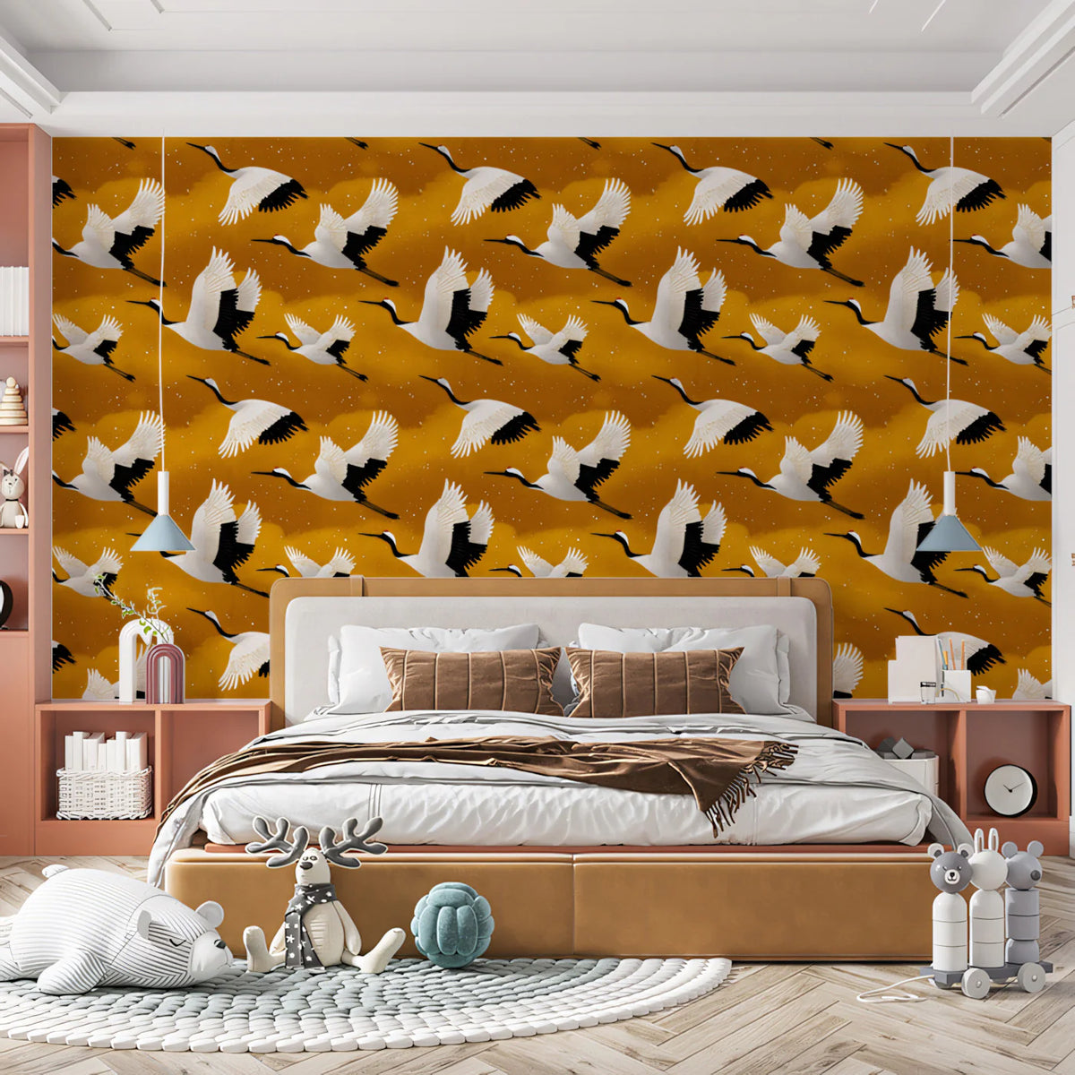 Golden Crane Flight Mural Wallpaper — Artistic East Asian Motif Mural Wallpaper - room preview 02
