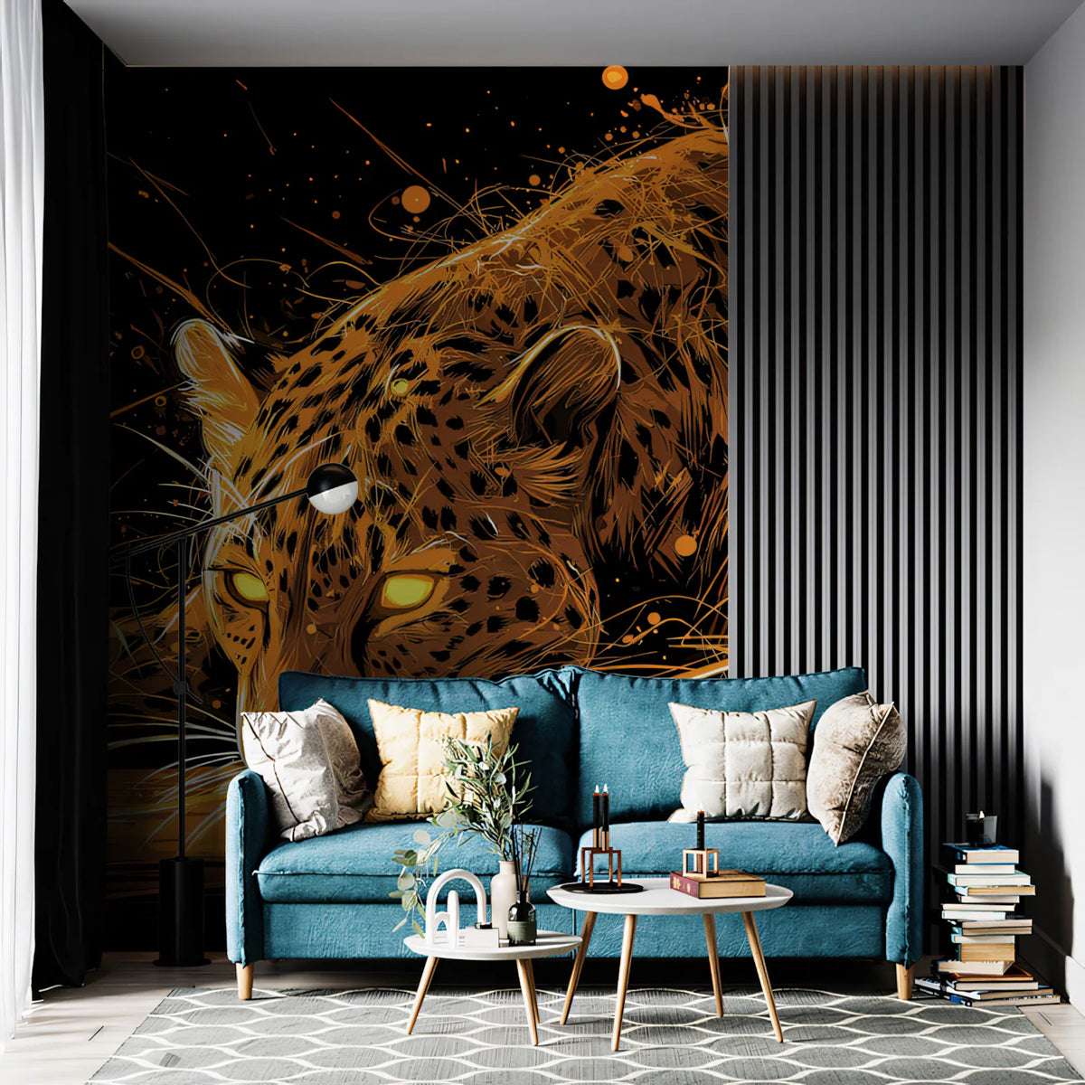 Neon Jaguar Stalking Mural Wallpaper — Electric Orange and Black Mural Wallpaper - room preview 02