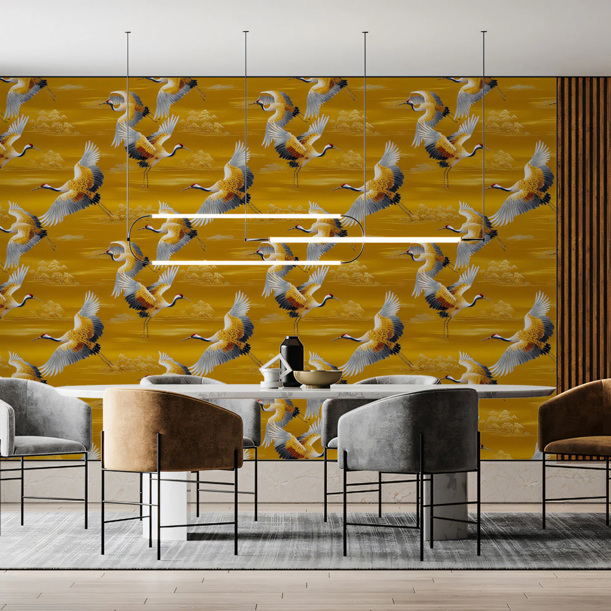 Golden Crane Prosperity Mural Wallpaper — Traditional Oriental Motif Mural Wallpaper - room preview 02