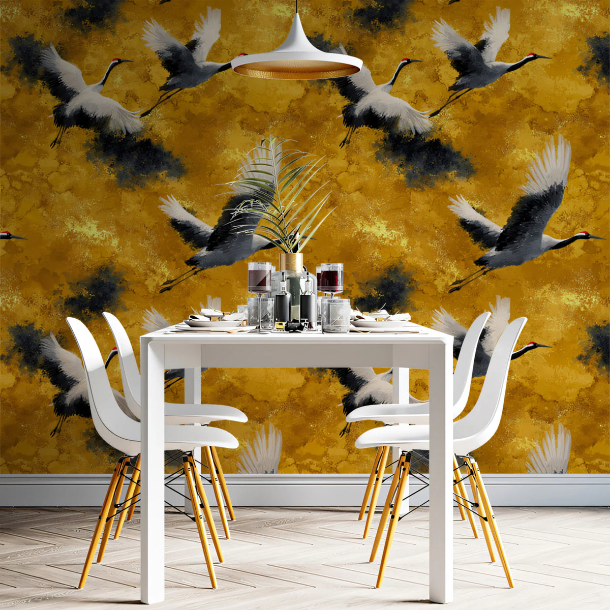 Ink Wash Crane Flight Mural Wallpaper — Golden Ochre and Charcoal Mural Wallpaper - room preview 02