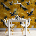 Ink Wash Crane Flight Mural Wallpaper — Golden Ochre and Charcoal Mural Wallpaper - room preview 02