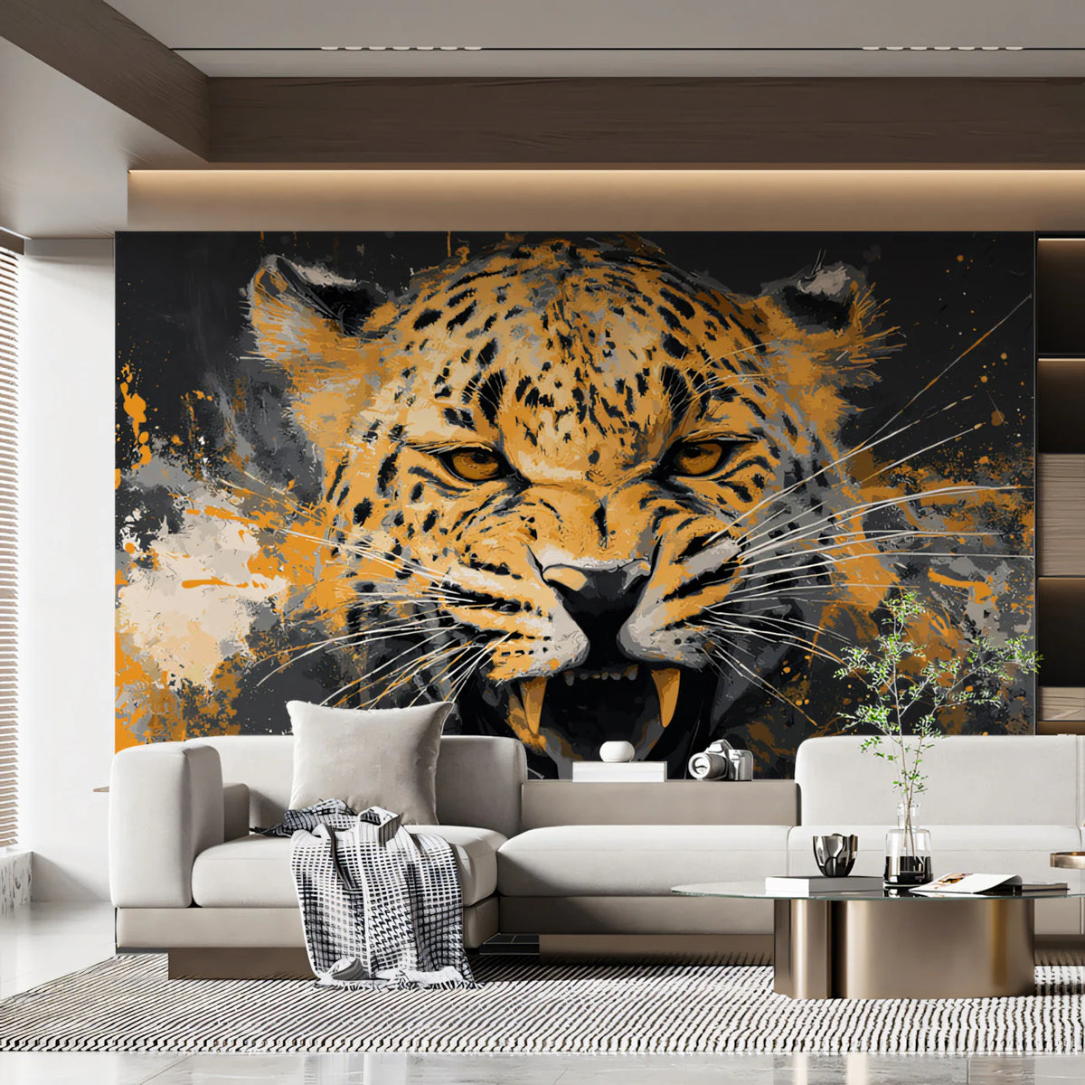 Roaring Jaguar Mural Wallpaper — Dramatic Urban Grunge Mural Wallpaper - room preview 02