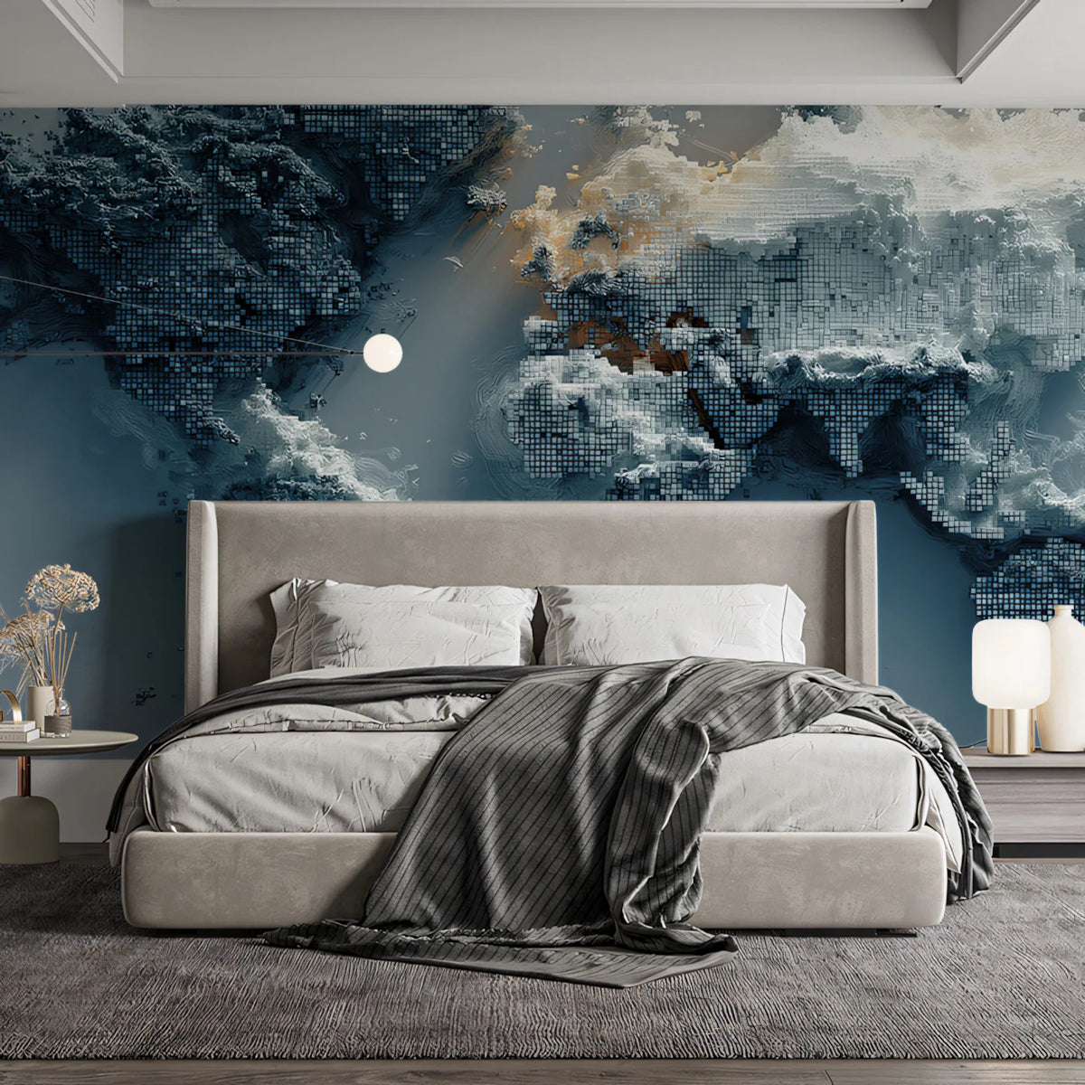 Pixelated World Map Mural Wallpaper — Modern Digital Glitch Art Mural Wallpaper - room preview 02