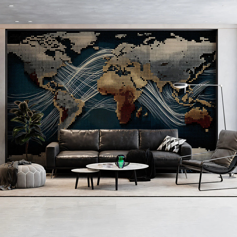 World Map Wallpaper Mural – Map Wall Mural – Pixelated World Map — Retro Data and Energy Lines