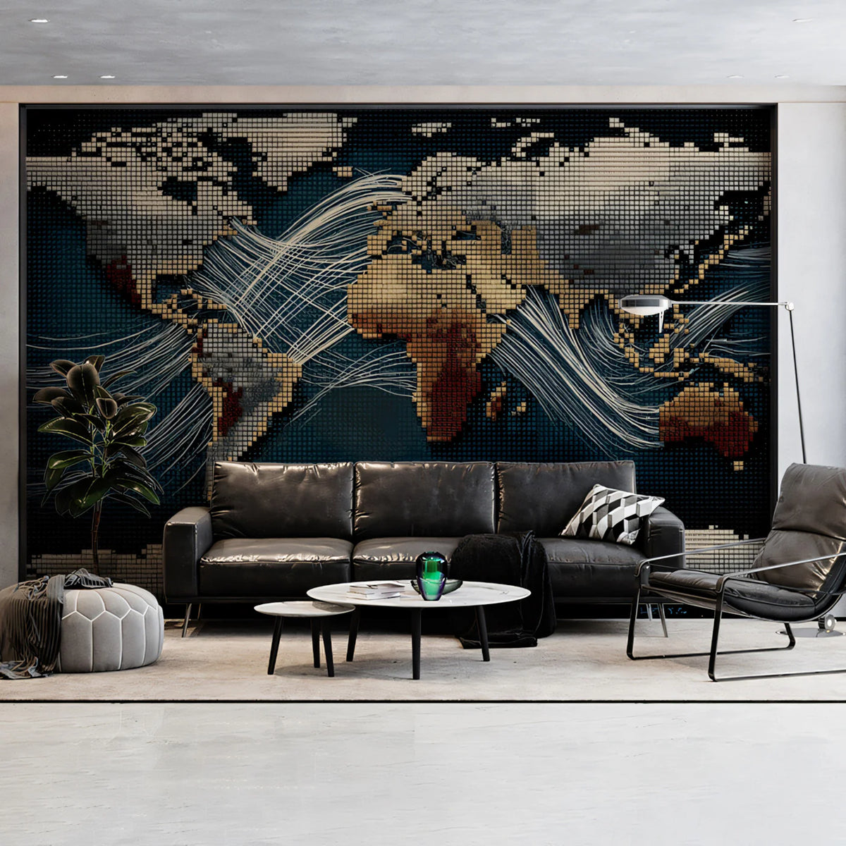 Pixelated World Map Mural Wallpaper — Retro Data and Energy Lines Mural Wallpaper - room preview 02