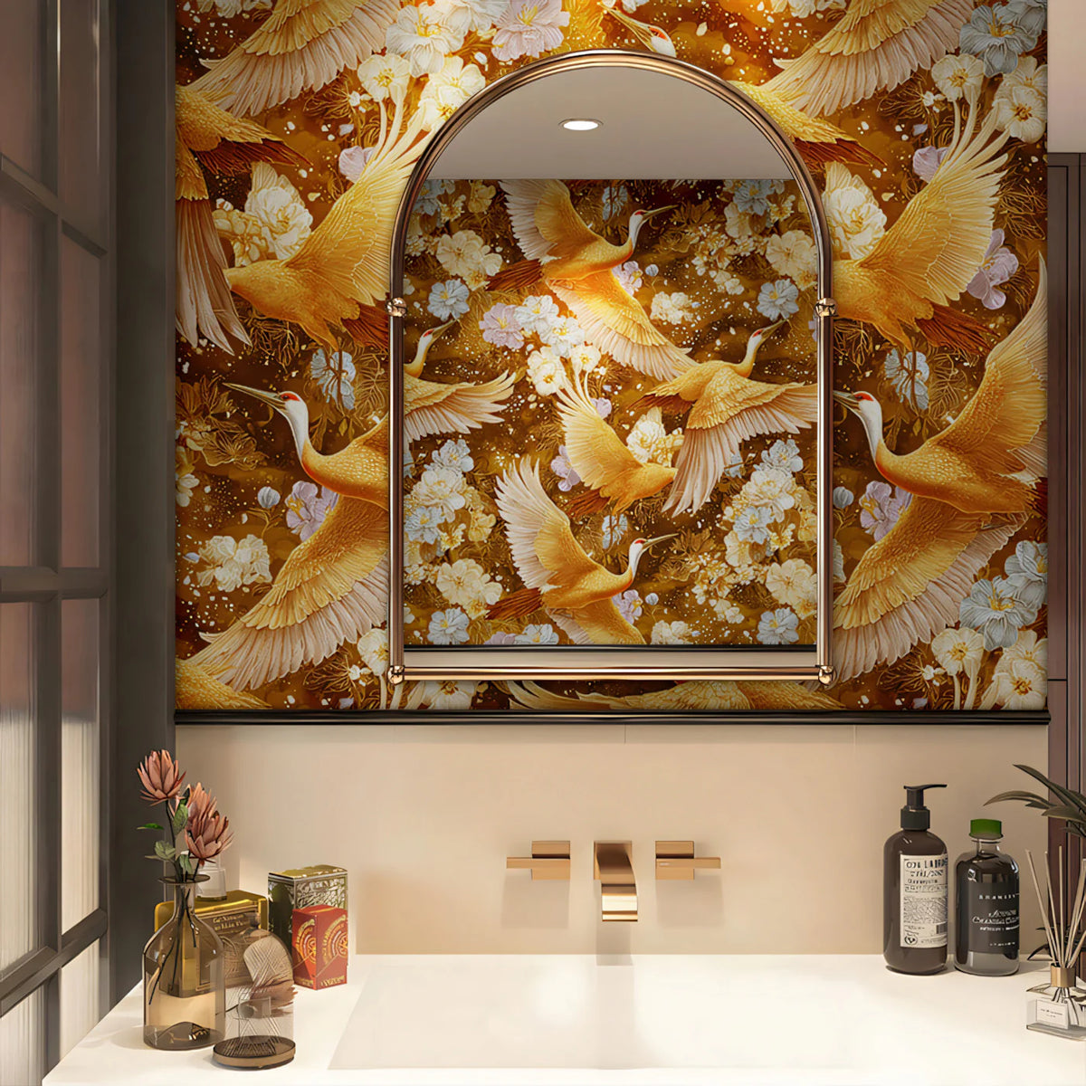 Golden Crane Botanical Mural Wallpaper — Warm Traditional Art Mural Wallpaper - room preview 02