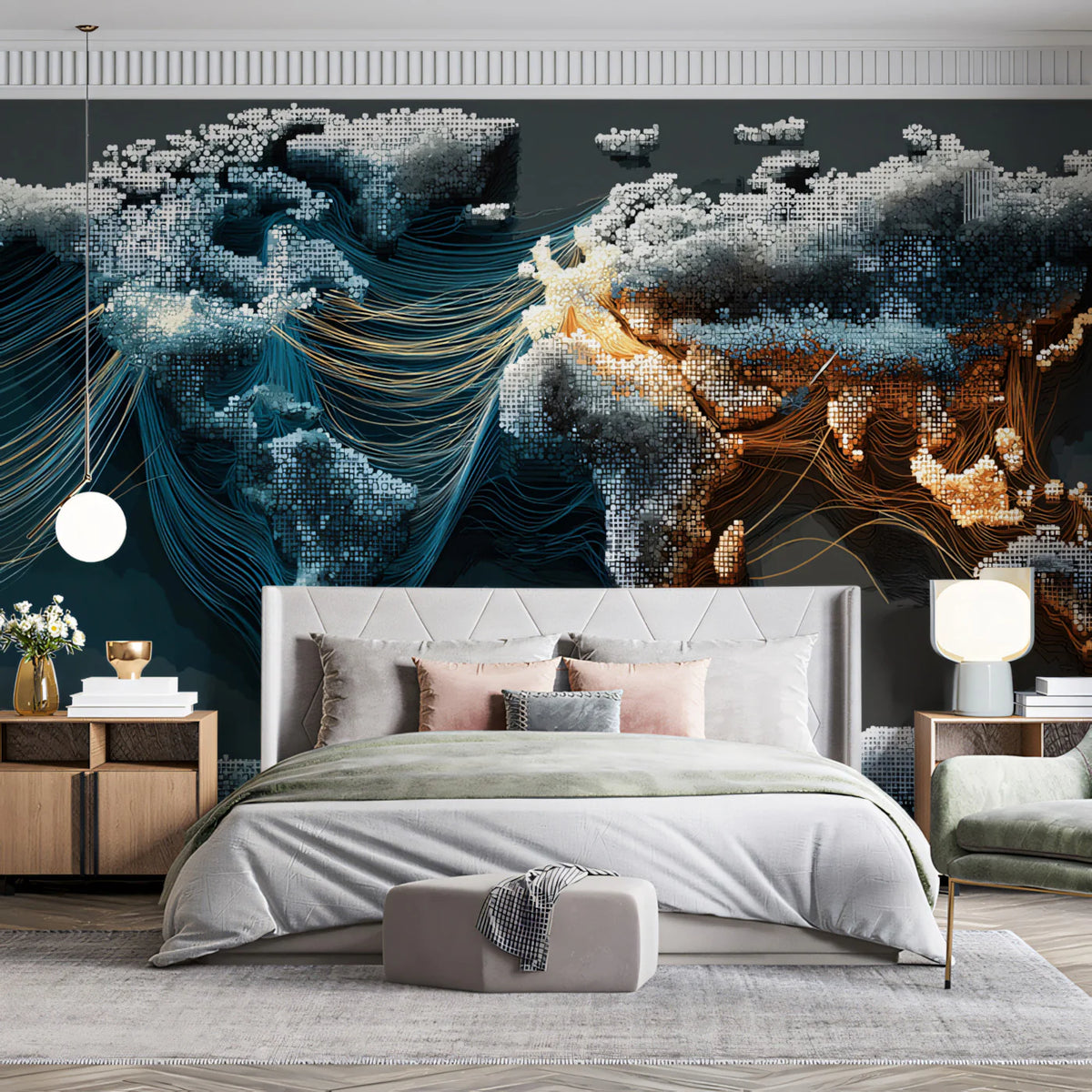 Global Data Map Mural Wallpaper — Modern Pixelated Connectivity Mural Wallpaper - room preview 02
