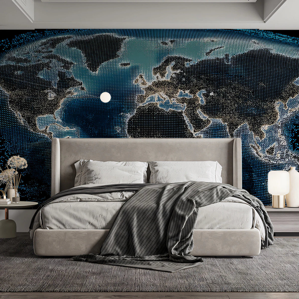 Digital Mesh World Map Mural Wallpaper — Cinematic Tech Aesthetic Mural Wallpaper - room preview 02
