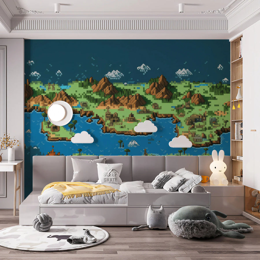 World Map Wallpaper Mural – Map Wall Mural – Isometric Pixel Island — Retro 16-Bit Fantasy Map
